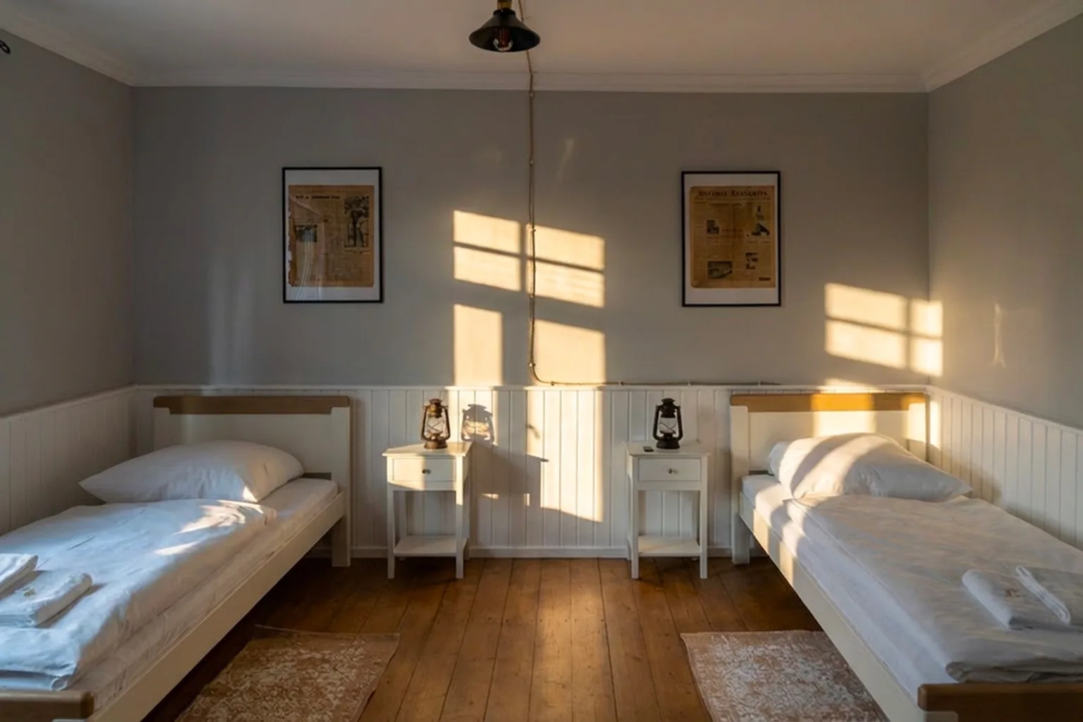 Schlafzimmer mit zwei Einzelbetten im Sonnenlicht